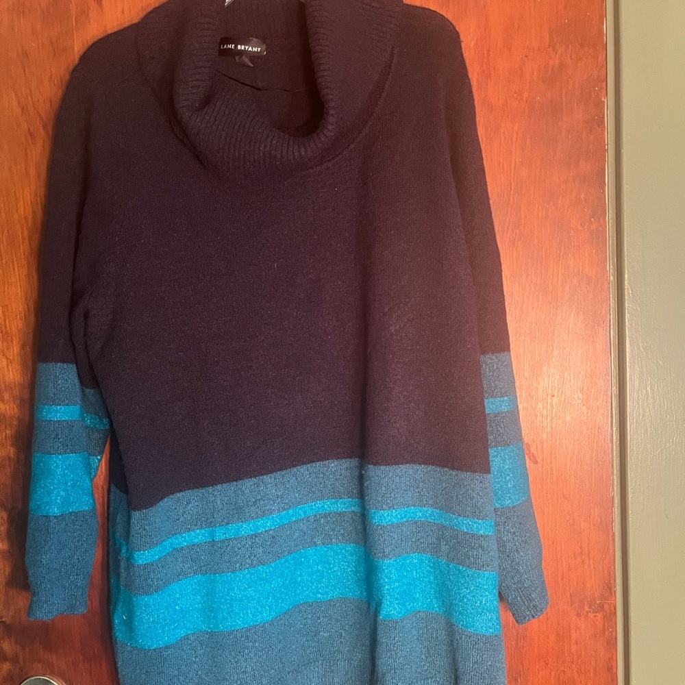 Lane Bryant Black with Teal & Dark Teal Striped Cowl Neck Sweater